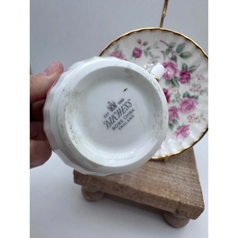 Duchess Bone China England Pink Rose Tea Cup and Saucer Set Gold Trim Vintage